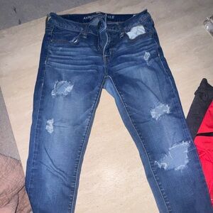 American Eagle Outfitters Blue Skinny Jeans with Distressed Details
